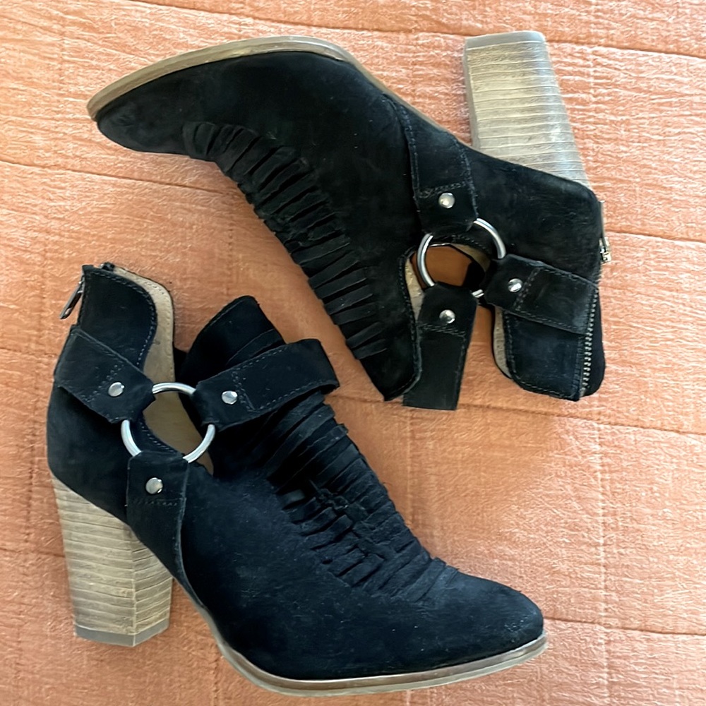 Seychelles suede woven leather harness ankle boot bootie